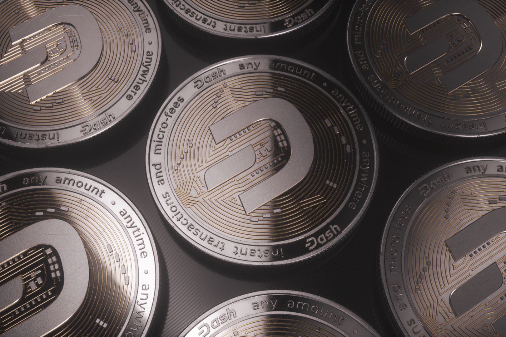 A detailed close-up view of Dash cryptocurrency coins with intricate designs highlighting digital currency.